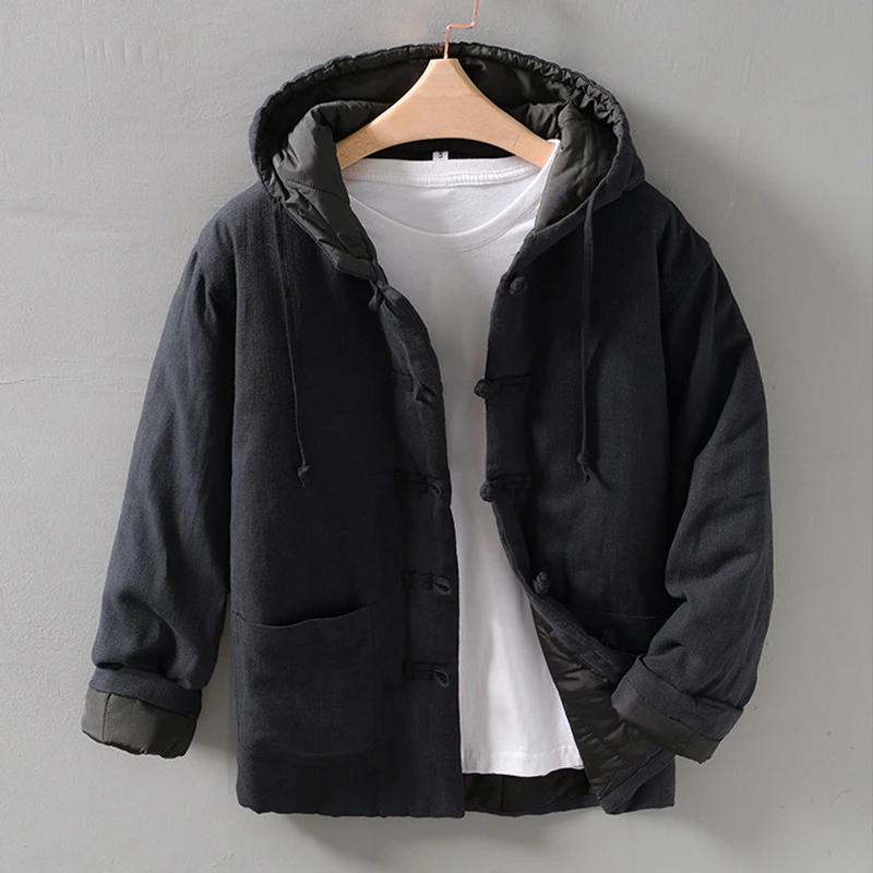 Vintage Chinese Style Jacket Men Winter New Thick Loose Cotton Linen Hooded Jacket Retro Casual Solid Color Cardigan Wild Coat