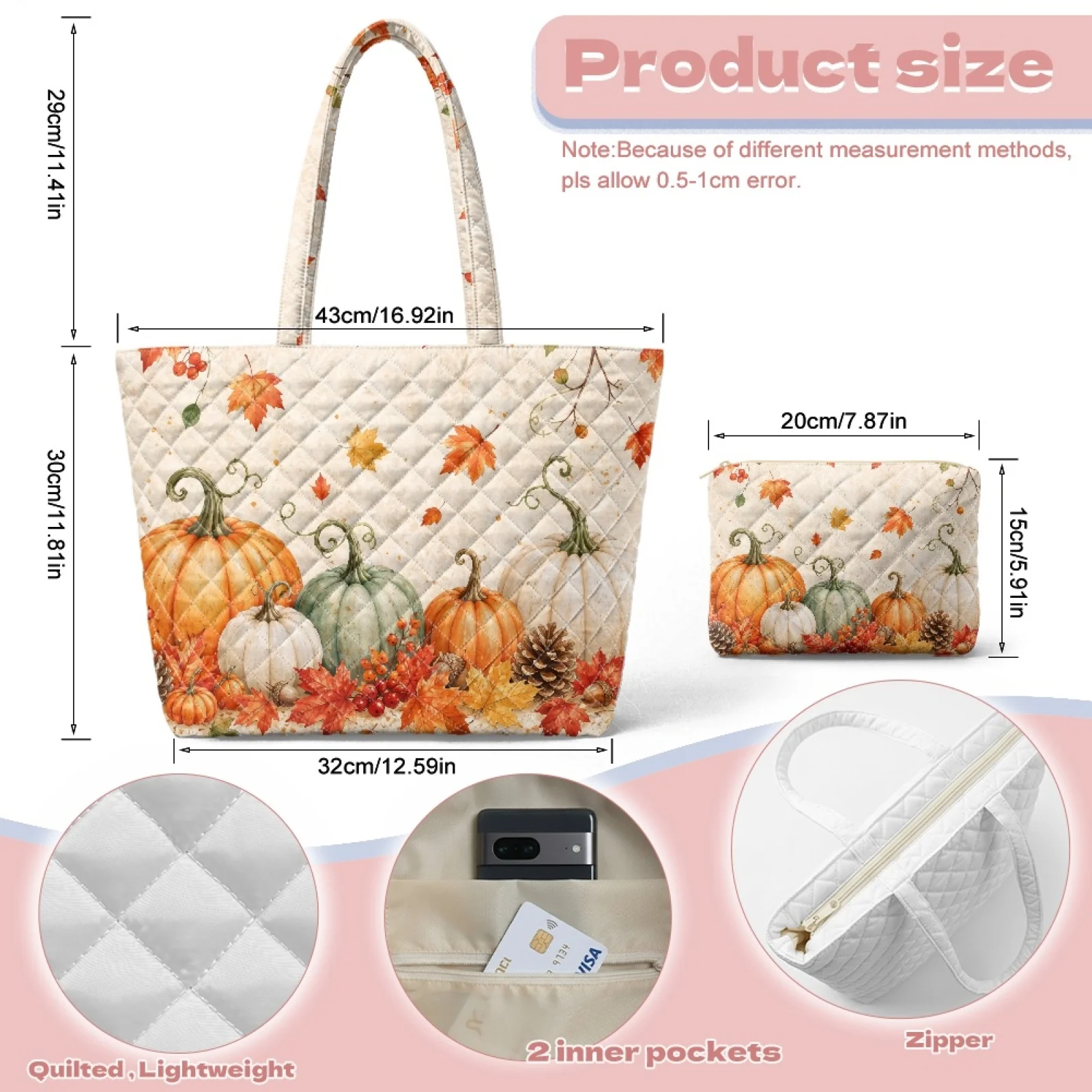 Coloranimal Thanksgiving 2 Piece Quilted Purses Handbags Set Featuring Pumpkin Leaves, Durable Tote Bag with Pouch for Casual