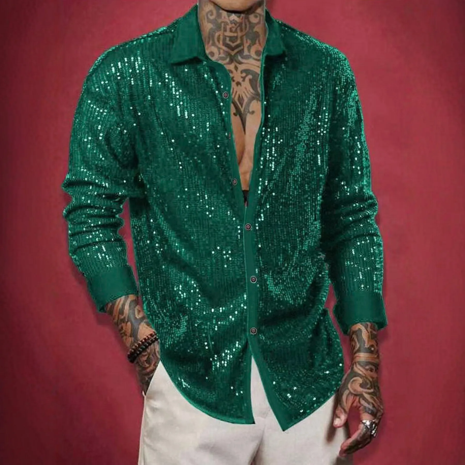 2026 New Men's Sequined Shirt Long Sleeve Fashion Men's Top Casual Shirt