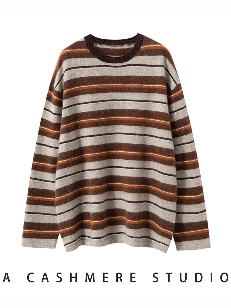 ADDONEE, suéter de cachemira de 100% para mujer, jersey a rayas con cuello redondo, Jersey informal holgado de estilo Ins, Jersey de punto de Cachemira, ropa de otoño e invierno