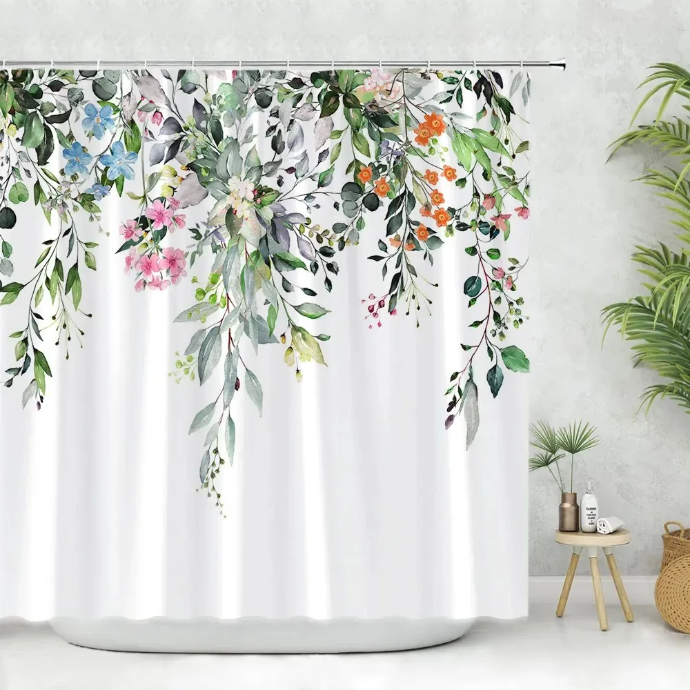 Beautiful Spring Greenery Floral Shower Curtain Eucalyptus Leaves Tropical Leaves Polyester Washable Buth Curtain Bathroom Decor