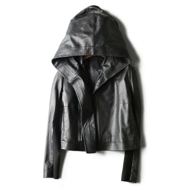 2023New Leather coat,Black Genuine Leather Coat Women Fashion Sheepskin Hooded Motorcycle Jacket Spliced Knitted Sleeves Slim Fi