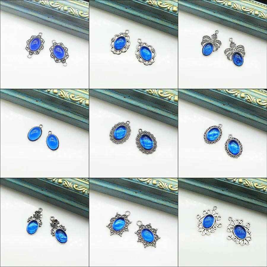 Retro Blue Glaze & Tibetan Silver Plated Flower Rose Oval Charms