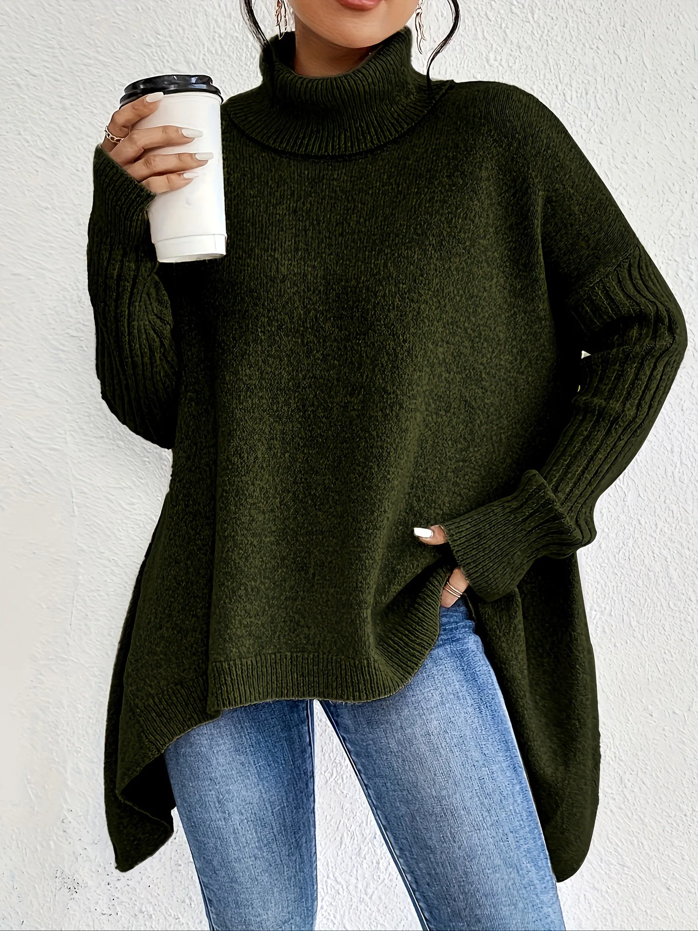

Autumn and winter loose fashion casual shoulder turtleneck sweater knitted sweater