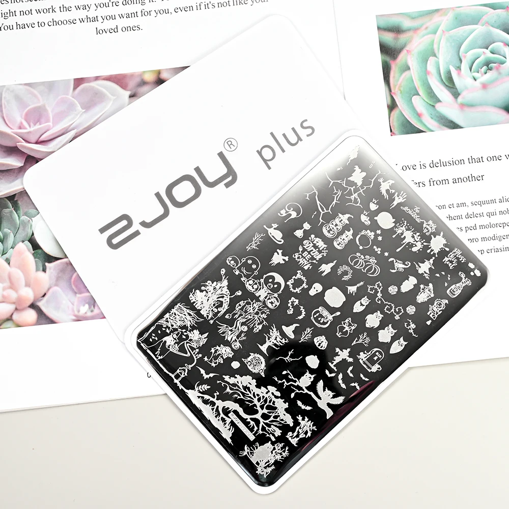 แม่แบบลายเล็บแบบกอธิค 1 ชิ้น ลายหัวกะโหลกและนกฮูกสีเข้ม สำหรับปั๊มลายเล็บฮาโลวีน แผ่นสแตนเลส ใช้ซ้ำได้