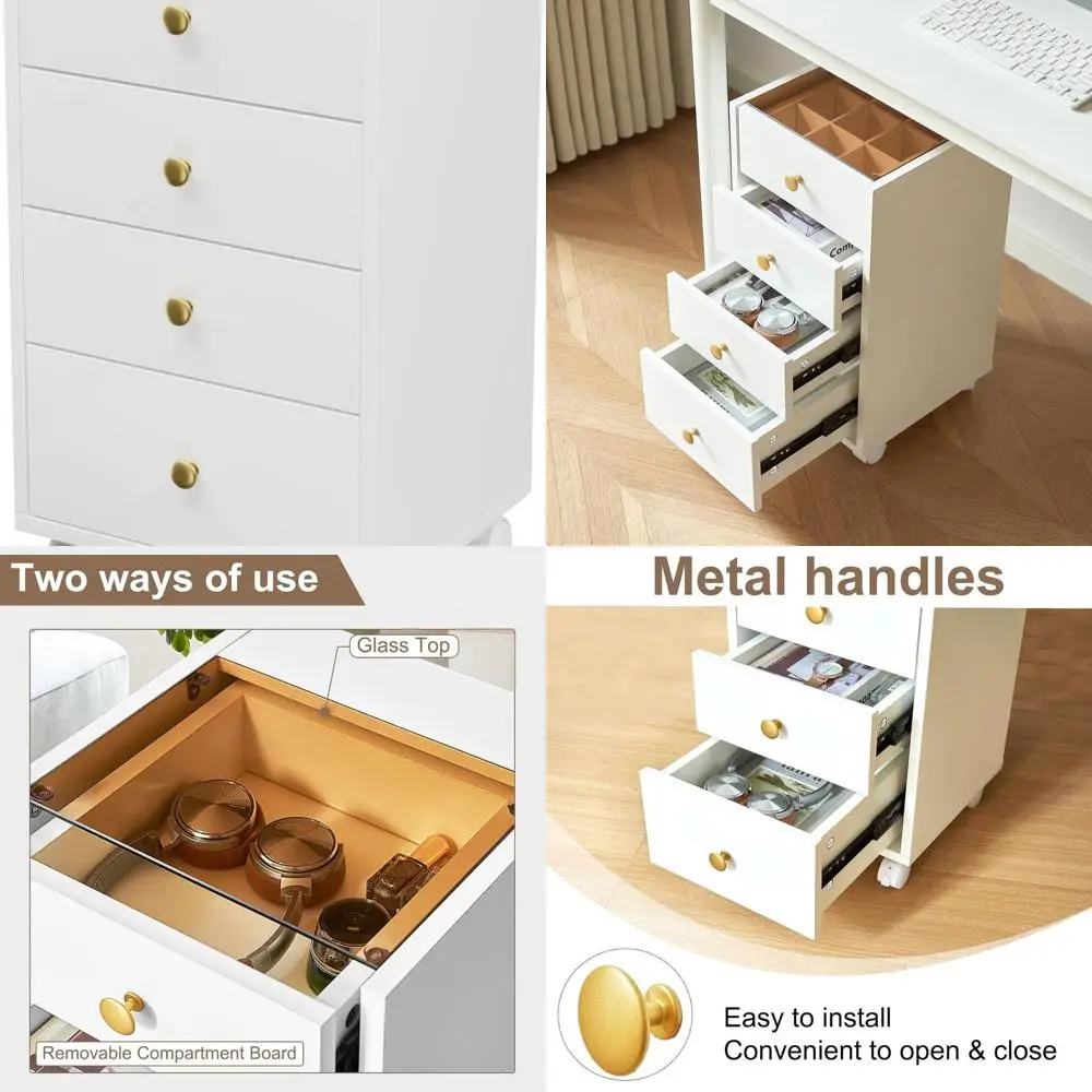 

Glass-Top 4-Drawer Vertical Desk Storage Cabinet with Mobile Printer Stand on Lockable Wheels