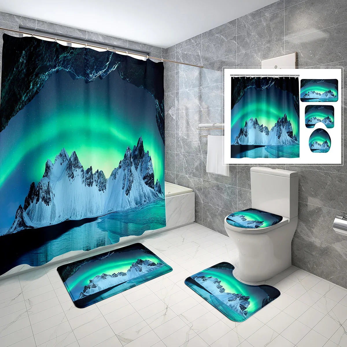 4 Piece Set Aurora Shower Curtain with Toilet Lid Cover, Non-Slip Bath Mat,Dusk Snow Landscape Waterproof Shower Curtain Set