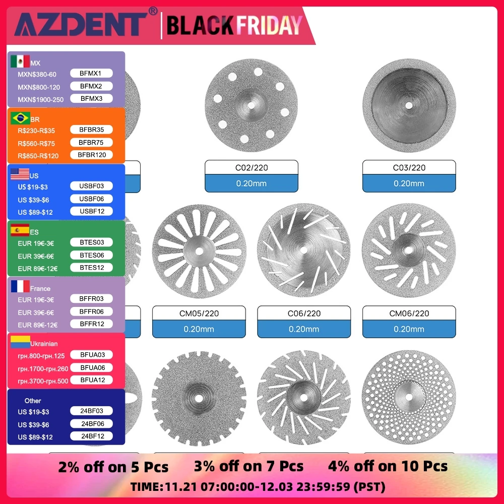 AZDENT 5 Pcs/Pack Dental Ultra-thin Double Sided Sand Porcelain Diamond Cutting Disc Mandrel Diamond Dentistry Polishing Tools