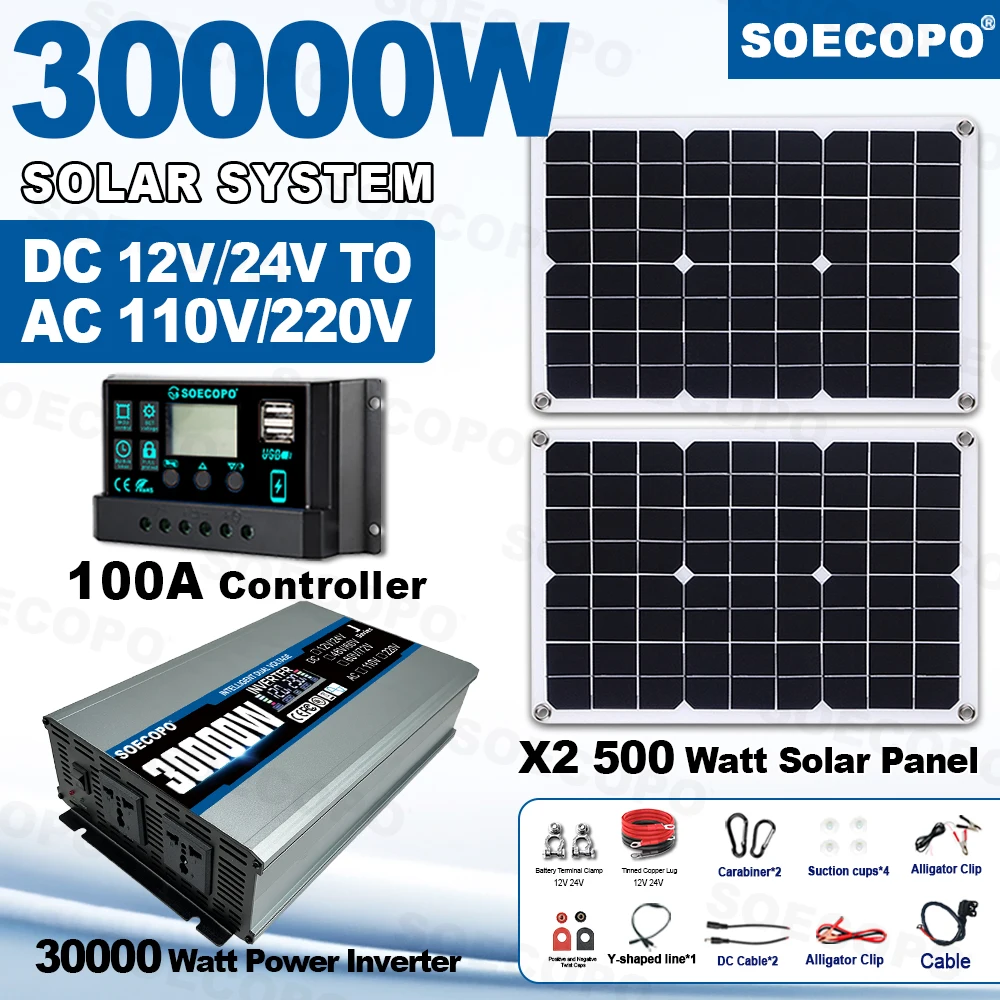 

SOECOPO 30000W Balcony Solar System Kit - 2*500W Photovoltaic Panels 12V 24V To 110V/220V Inverter and 100A Controller for Home