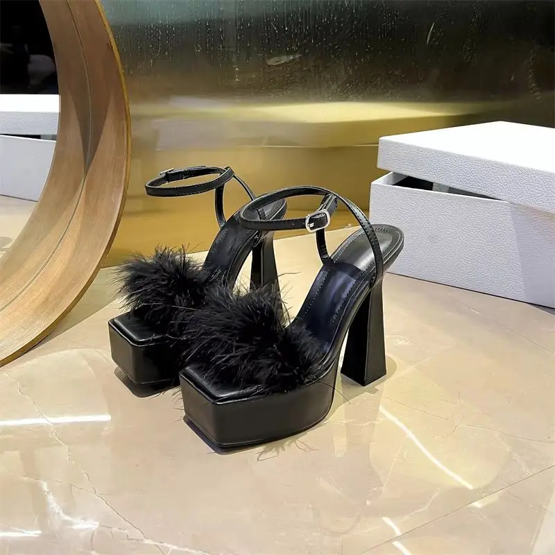 

Summer Sexy Platform Sandals Woman Feather Square Open Toe Buckle Pumps Chunky High Heels Stripper Nightclub Runway Model Shoes