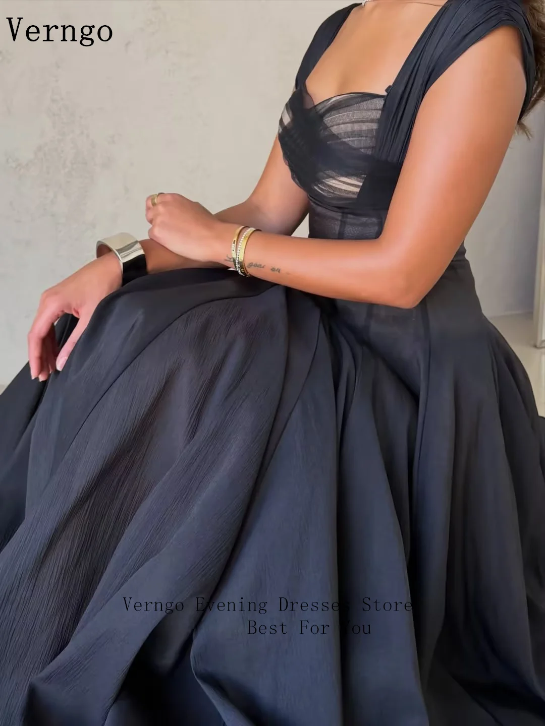 Verngo Black Tulle Evening Dress Spaghetti Straps A Line Pleated Formal Occasion Dress فساتين سهرة Prom GownCustomized 3