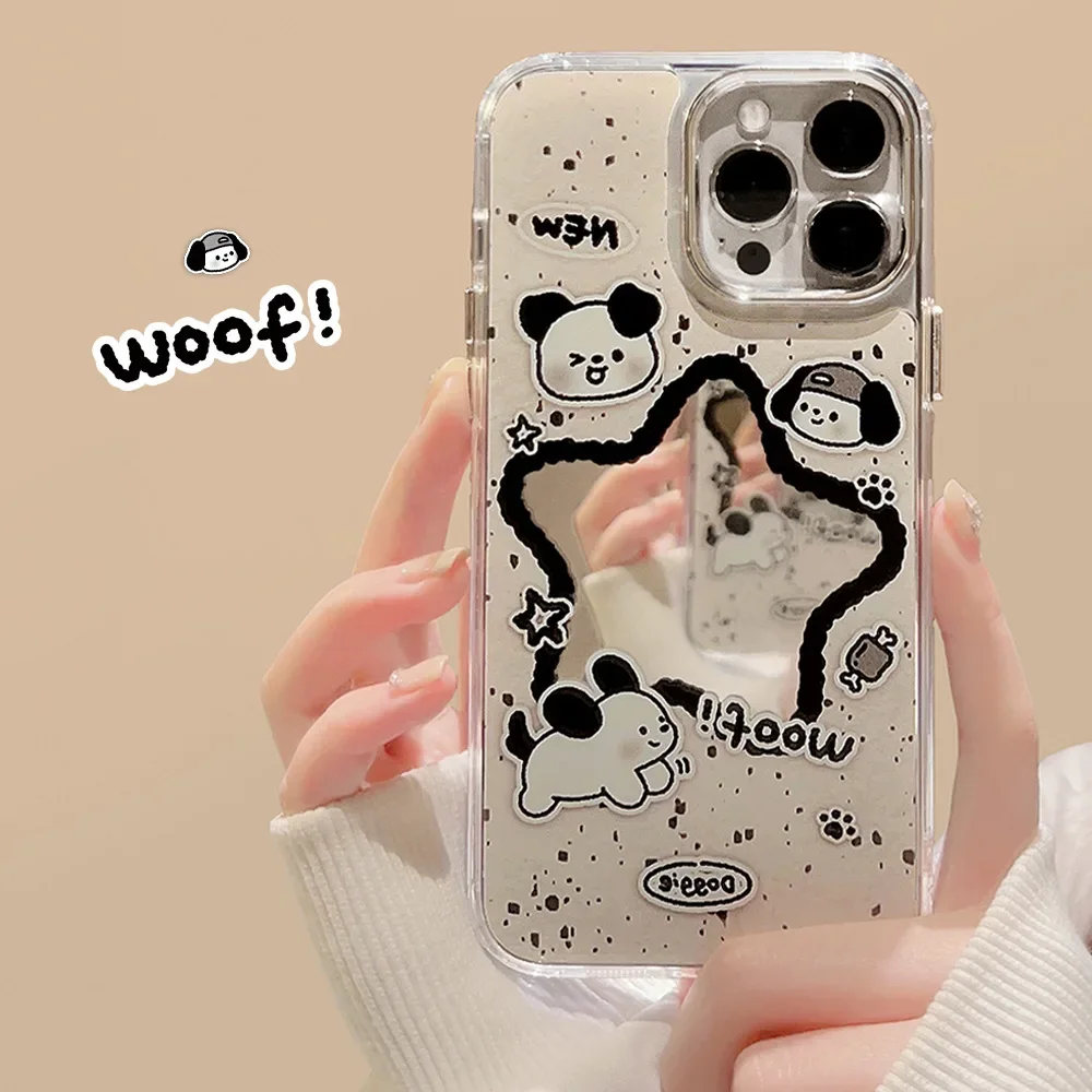 Comic puppy Splash ink star plating Mirror shell Phone Case For iPhone 15 14 13 12 11 Pro Max Case Cute Funny cartoon Soft Cover