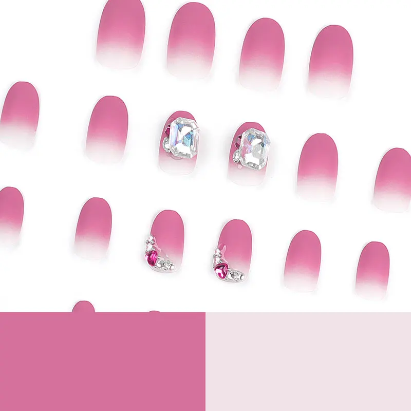 Unhas falsas curtas com diamante incrustado, manicure patches, carmim vermelho, 24 pcs/box