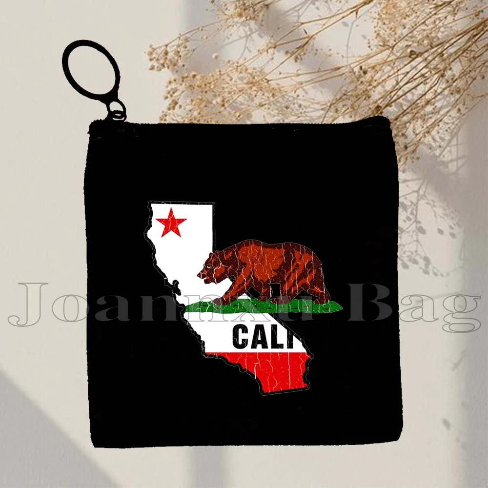 Retro San Francisco California State USA Bear Flag Golden Gate Bridge Palm Springs Poppy Coin Purse Key Case Bag Wallet Pouch