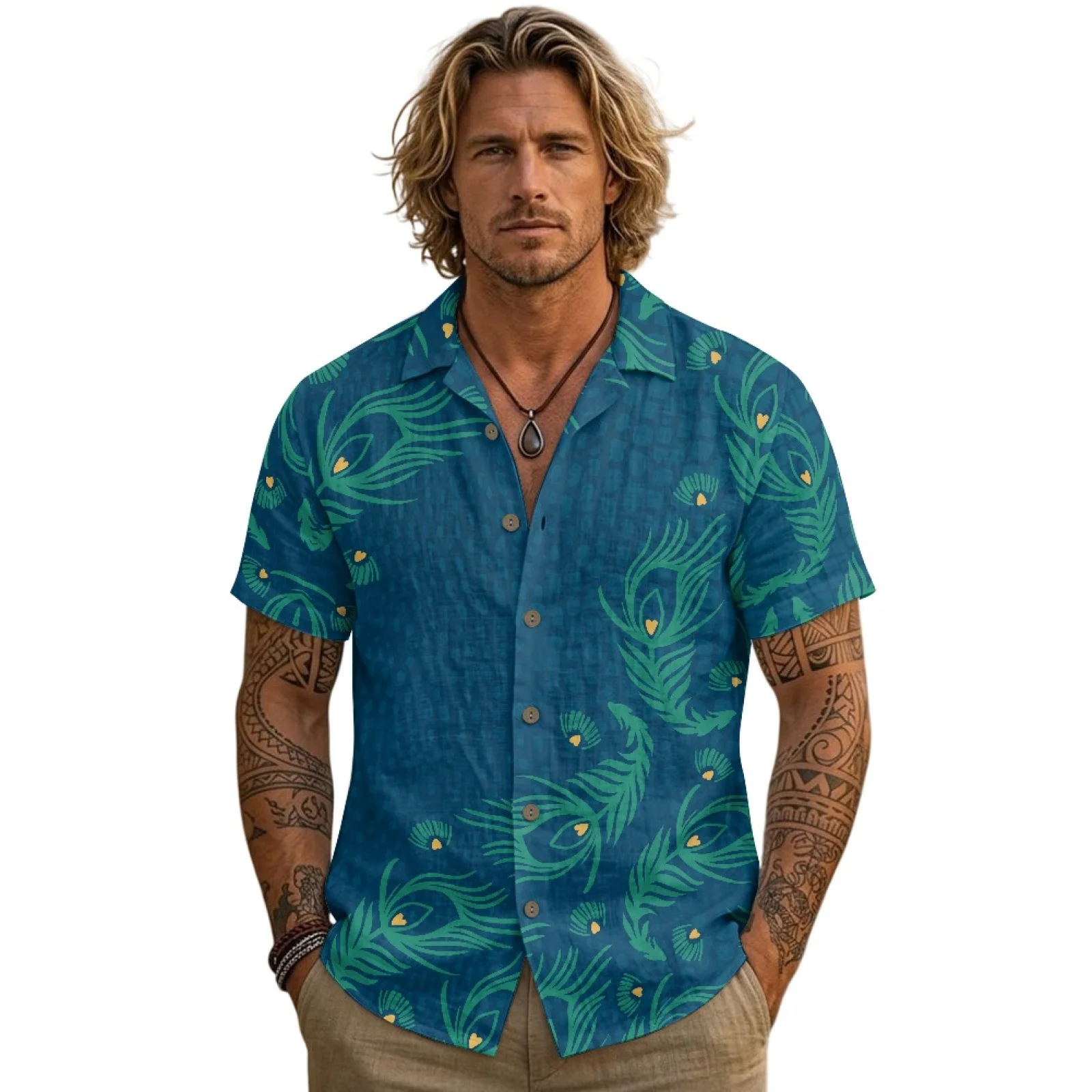 PENSTROLL Peacock Feather Pattern Linen Like Lapel Button Down Lightweight Mens Hawaiian Shirt for Male S-3XL