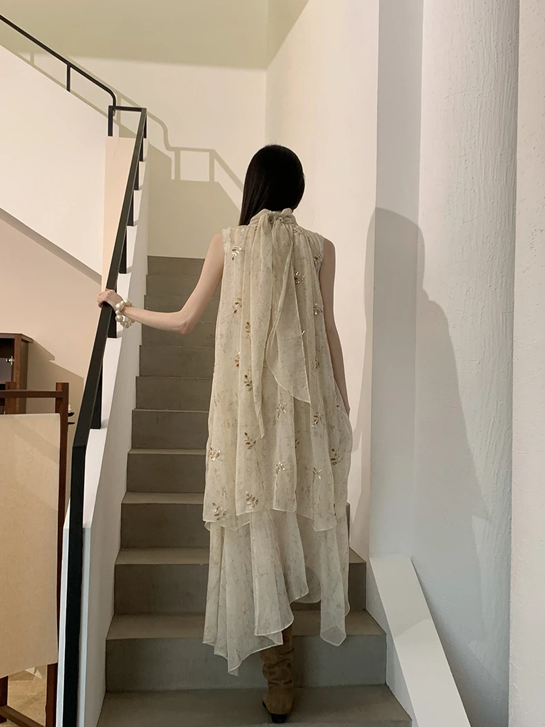 CHEERART Embroidery Floral Summer Tulle Dress For Woman Beige Sleeveless Long Loose See Through Flowy Dress Designer Fashion - view 5