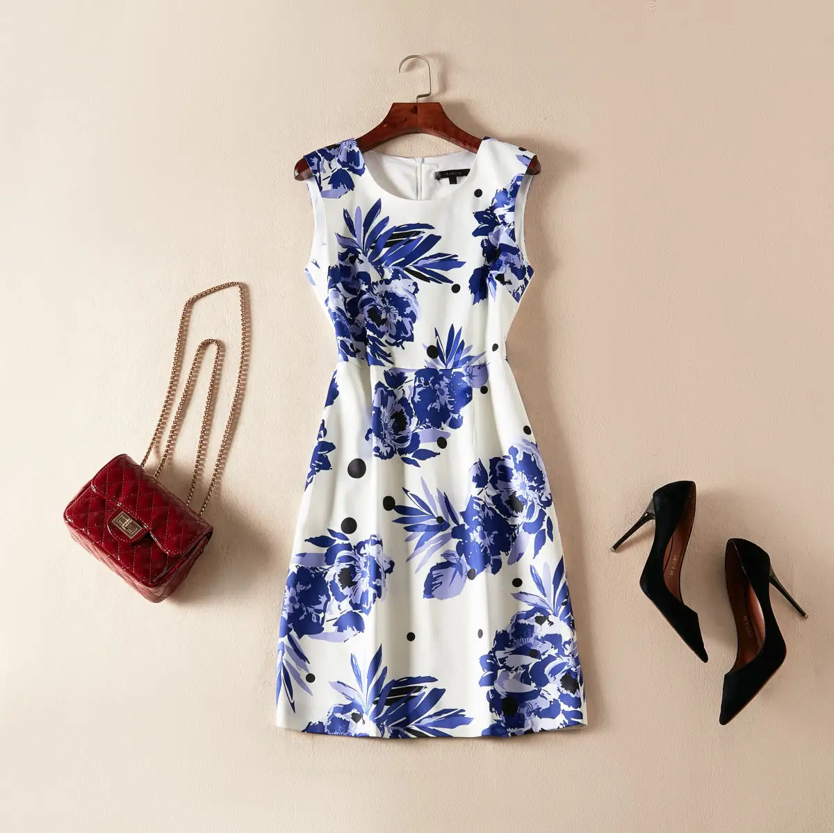 

Темно-синее платье с асимметричным узором и белым низом, летние женские платья миди без рукавов с круглым вырезом, цена только для платья