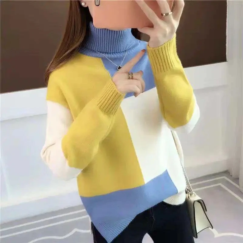 Women's Sweater 2023 New Autumn Winter Color Blocking Loose Sweaters Long Sleeve Turtleneck Jumper Soft Warm Pull Femme