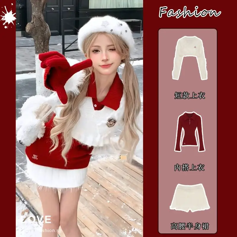 Japan Christmas Day Girl Y2K Raw Edges Spliced Lapel Short Knitted Sweater Bottoming Shirt Half-length Skirt Three-piece Set