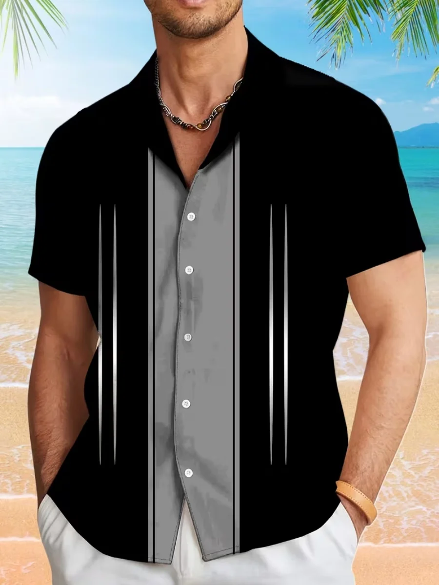 

New men's striped color-blocked short-sleeved Hawaiian shirt, comfortable fabric, perfect for beach vacations, fast shipping.