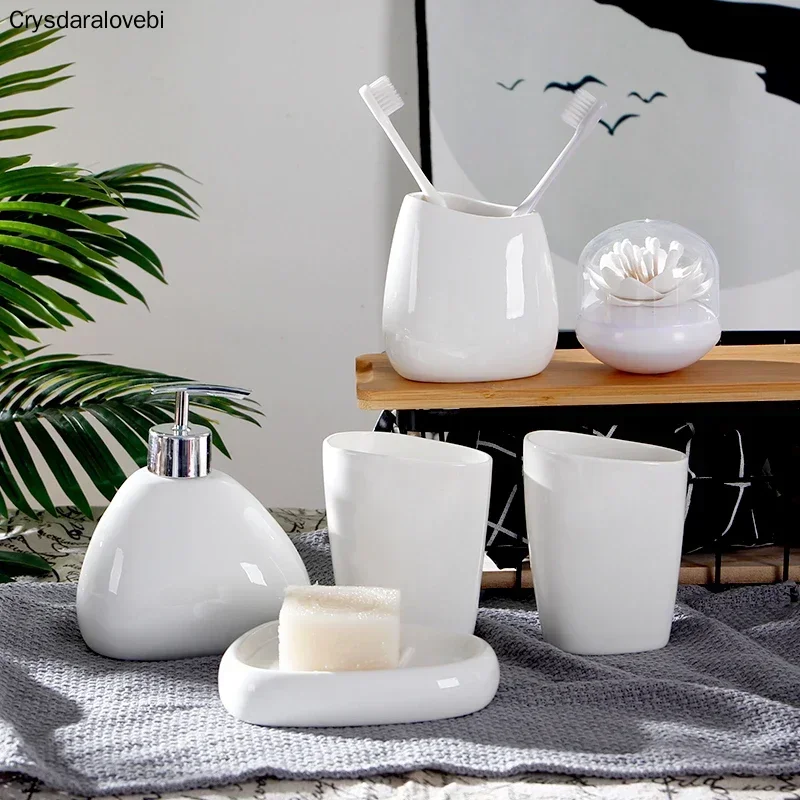 White Ceramic Bathroom Accessories Set/Toothbrush Holder /Soap Dispenser/Wedding Gift/Melamine Tray/Toothpick Holder/Cotton Swab