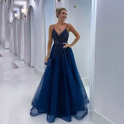 Msikoods Navy Blue Princess Beading V Neck Prom Dresses Sequins Women Long Formal Occasion Dress Backless Women Party Dress