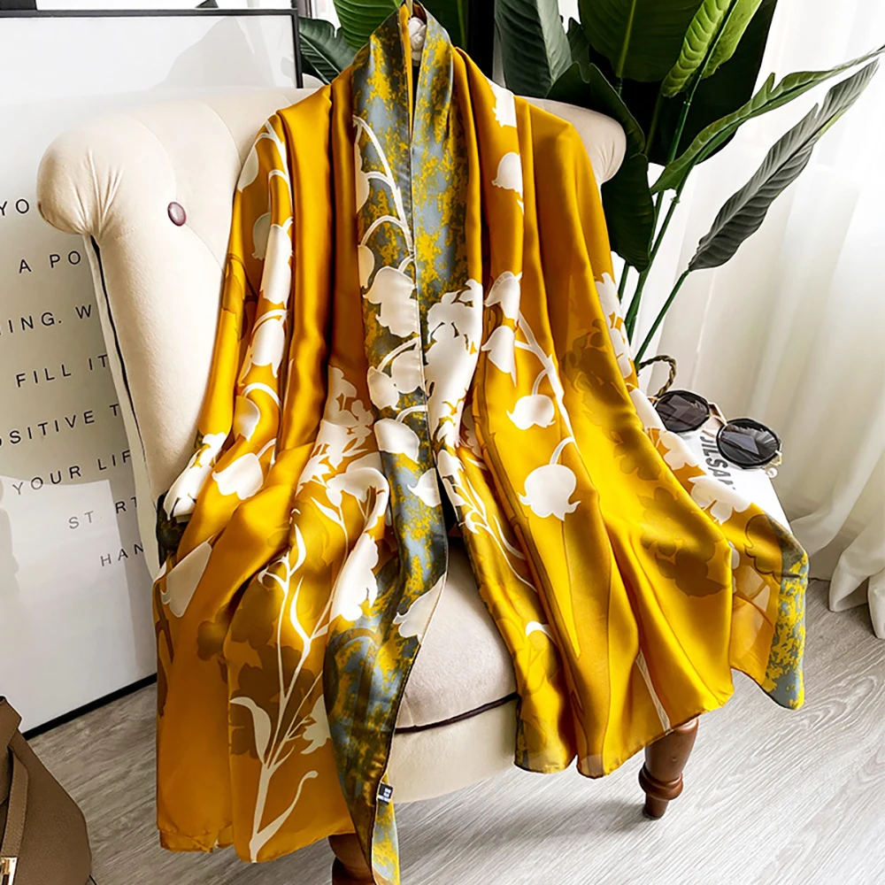 Fashion Imitation Silk Satin Scarf Printed Floral Shawl Women Lightweight Scarves Beach Travel Outdoor Sunscreen Hijab 180*85cm