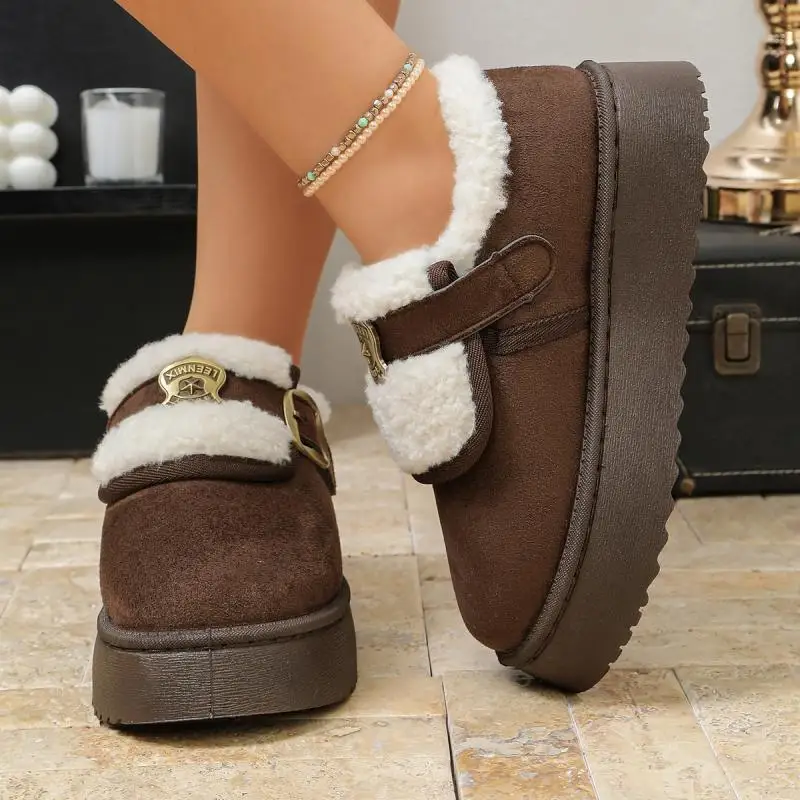Designer Mental Decorated Women Suede Snow Boots 2026 Winter Warm Lambswool Ankle Boots Non Slip Platform Cotton Shoes for Women