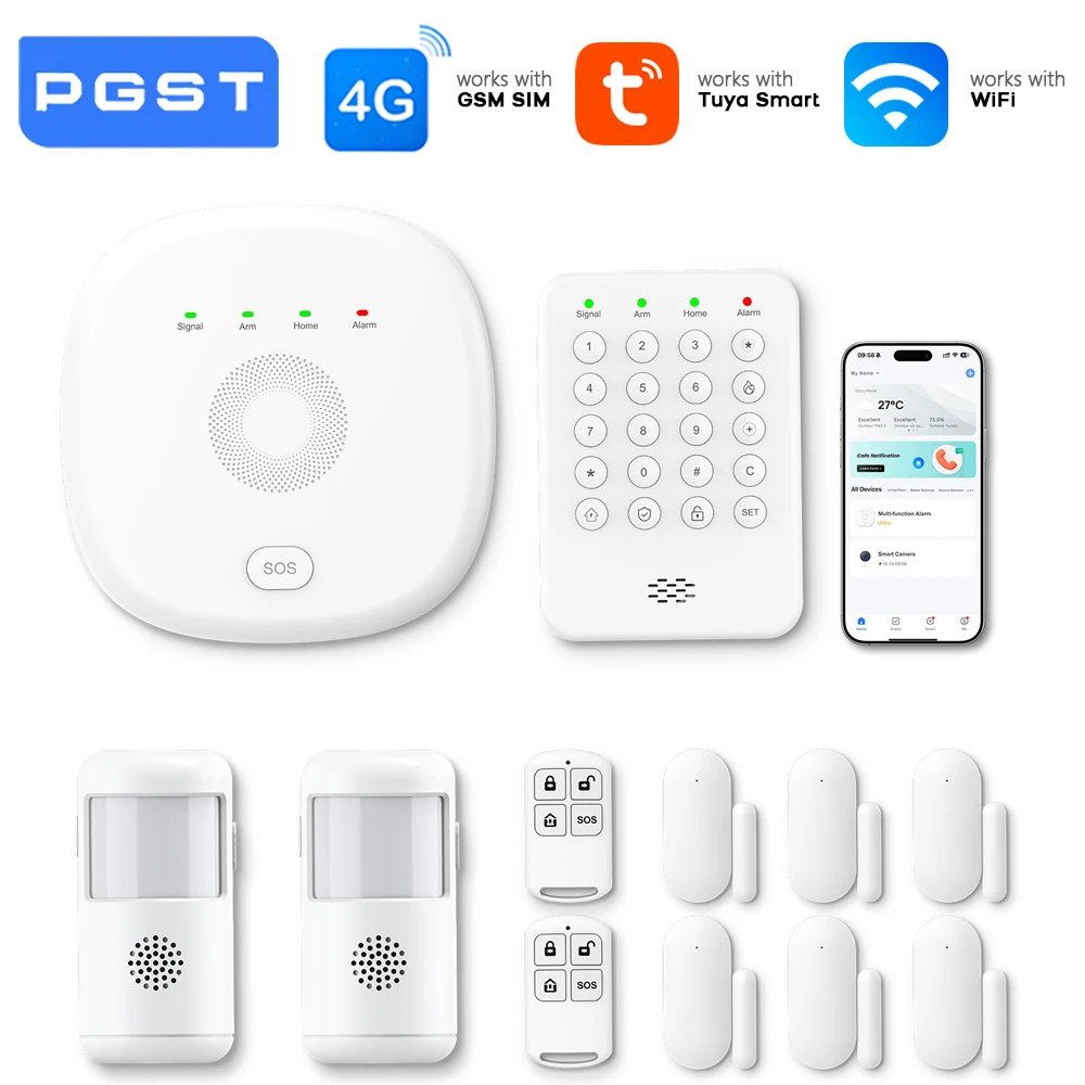 PGST Wireless WiFi Alarm System Smart Home Security Kit Door Sensor Motion Sensor SOS Keypad APP Control for Apartment