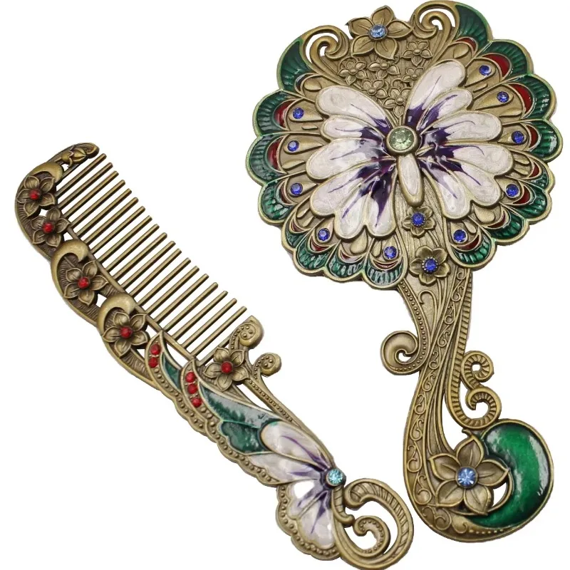 Tower Pattern Tourist Souvenirs Vintage Antique Round Bronze Embellished Mini Hand Mirror and Comb Set