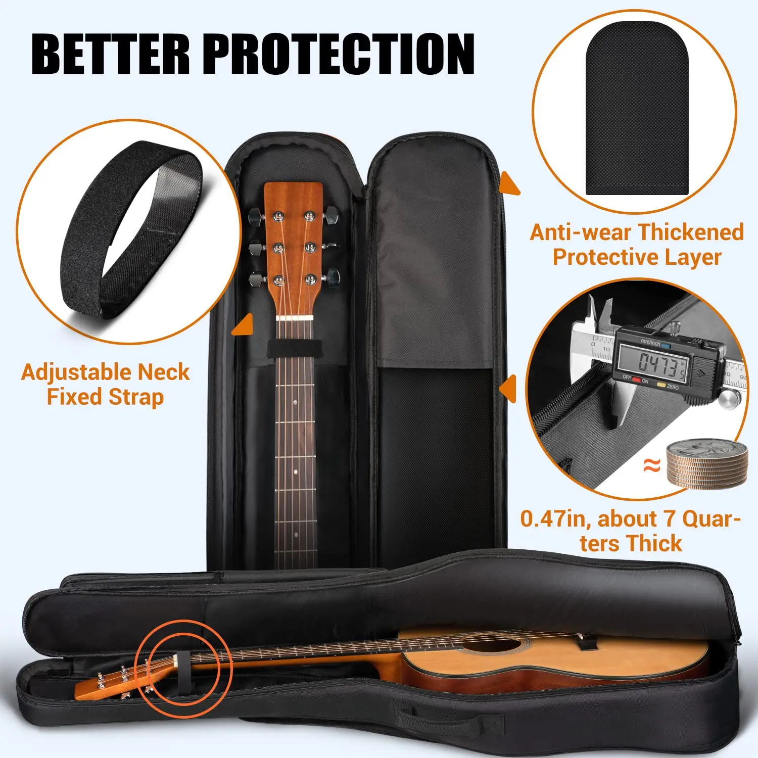 Multi-pockets Guitar Case 0.47in Thick Padding Waterproof Dual Adjustable Shoulder Strap Gig Bag With Back Hanger Loop