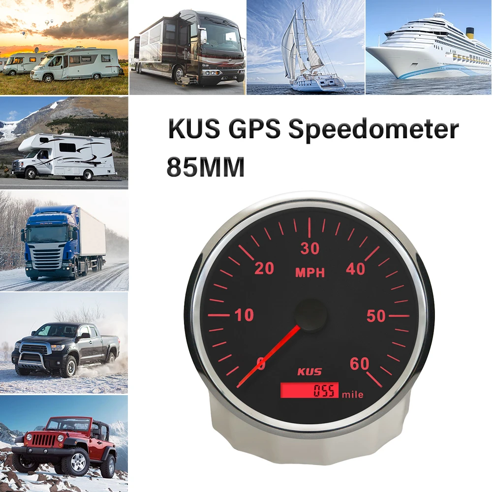 KUS Universal 110mm GPS Speedometer Speed Gauge 0-60MPH 12V 24V with Red Yellow Backlight for Truck Vessels Yachts Motorboat