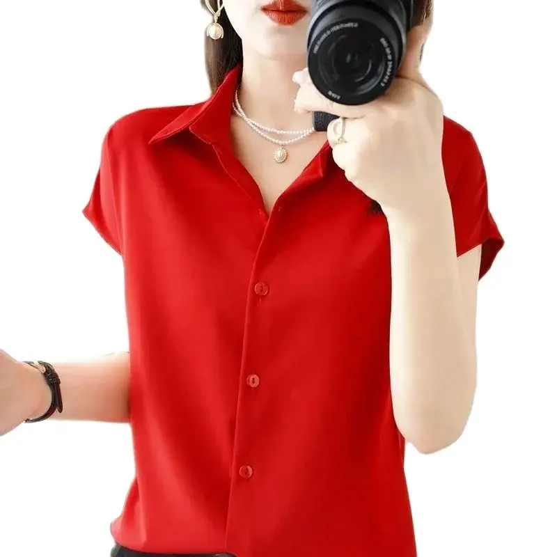

2023 New Satin Summer Chiffon Short-Sleeved Shirt Female Bright T-Shirt V-Neck Shirt Top Solid Color Single-Breasted Shirt Top