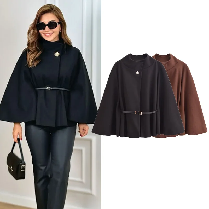 TRAF Elegant Cape Coat 2025 Women's Winter Spring Oversized Long Sleeve Cloak Fashion Casual Brown Red Black Jackets Outerwears