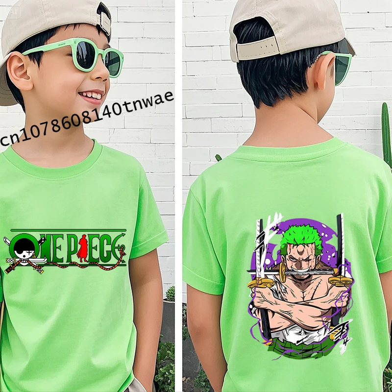 One Piece Roronoa Zoro anime clothing kids T-shirt cotton short-sleeved green cartoon top for boys