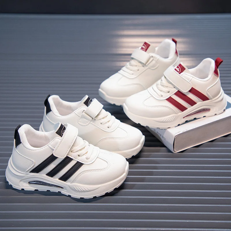 2026 New Spring Fall Sport Shoes for Boys Fashion Patchwork Stripes Dad Sneakers for Girls Black Khaki Gray Kids Trainers