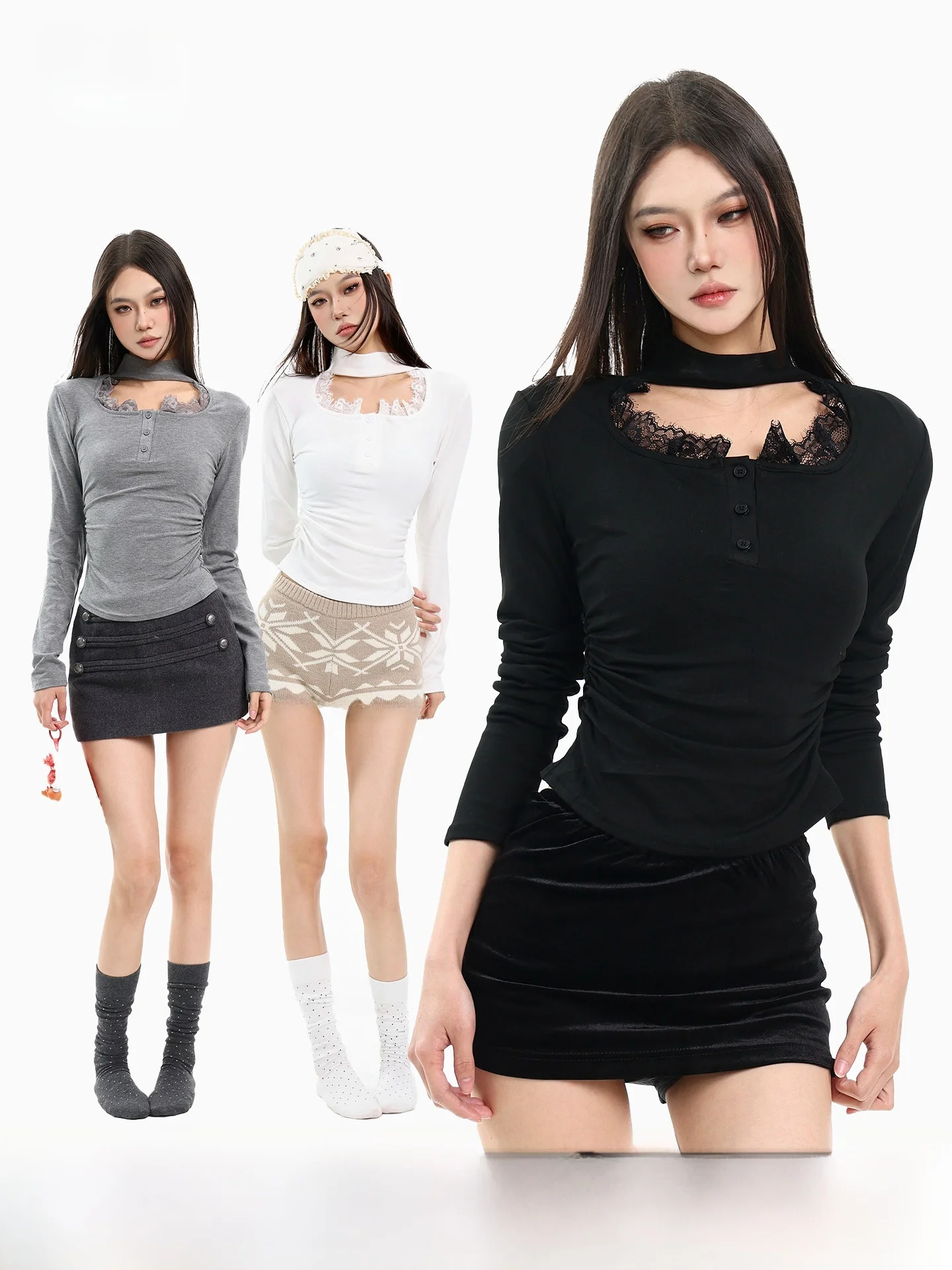 

Sexy Bla Long Sve T-irt Women's U-Ne Lace Trim Hanging Ne Top Slim Fit Autumn Winter Casual Faion Tee for Girls