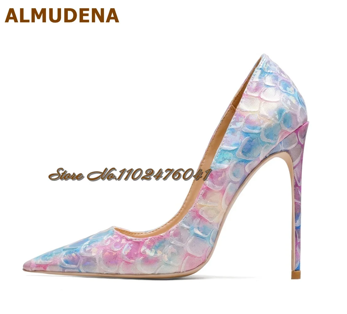 ALMUDENA Pink Blue Staining Color Fish Skin Pattern Dress Shoes Elegant Shallow Slip-On Pointed Toe Banquet Pumps Floral Painted