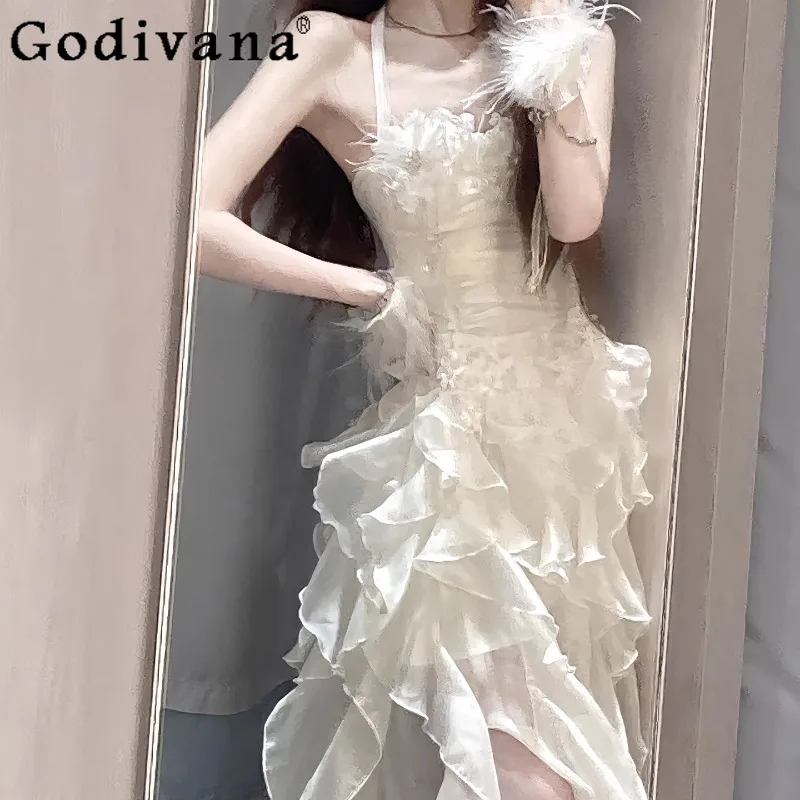 

French Ruffle Lace Slim Strap Dress for Women Pure Desire Style A Line Long Dress Female Japanese Style Lolita Sweet Dress