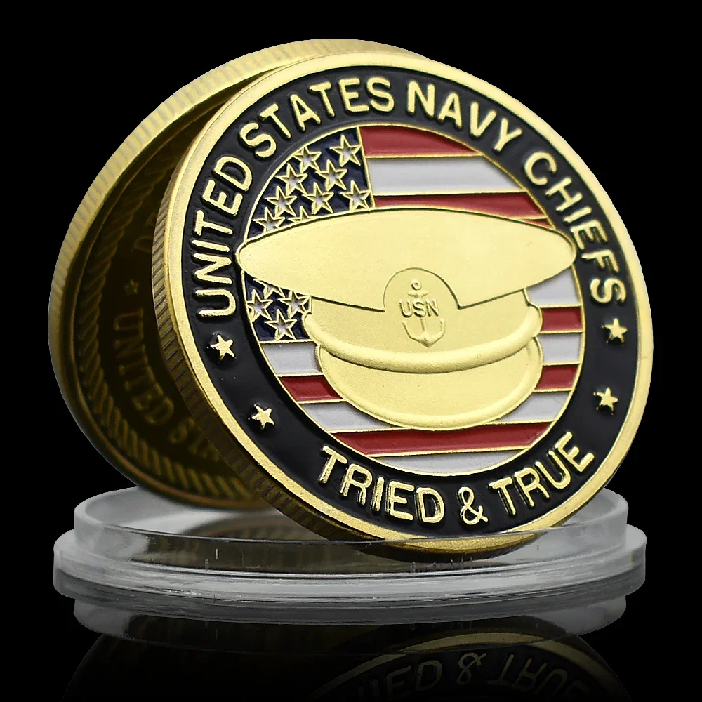 United States USN Chiefs Hat Gold Plated Challenge Coin Department of Army Tried & True Officer Medal Commemorative Coin Gift