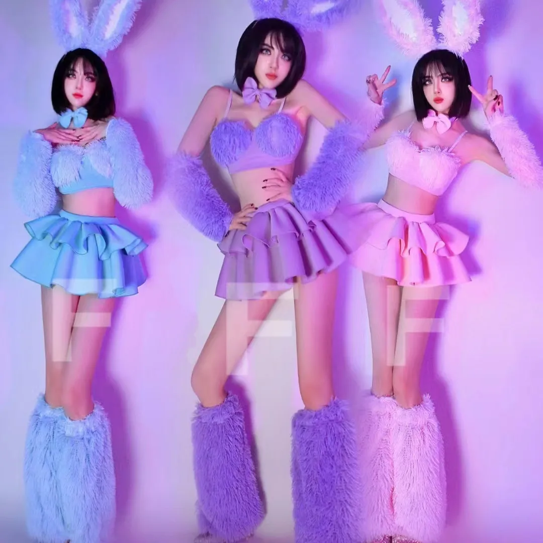 

New Bar Nightclub Dance Team Sexy Gogo Costume Pink Plush Bikini Leg Cover Set Club Party Show Festival Rave Outfits 5pcs Set