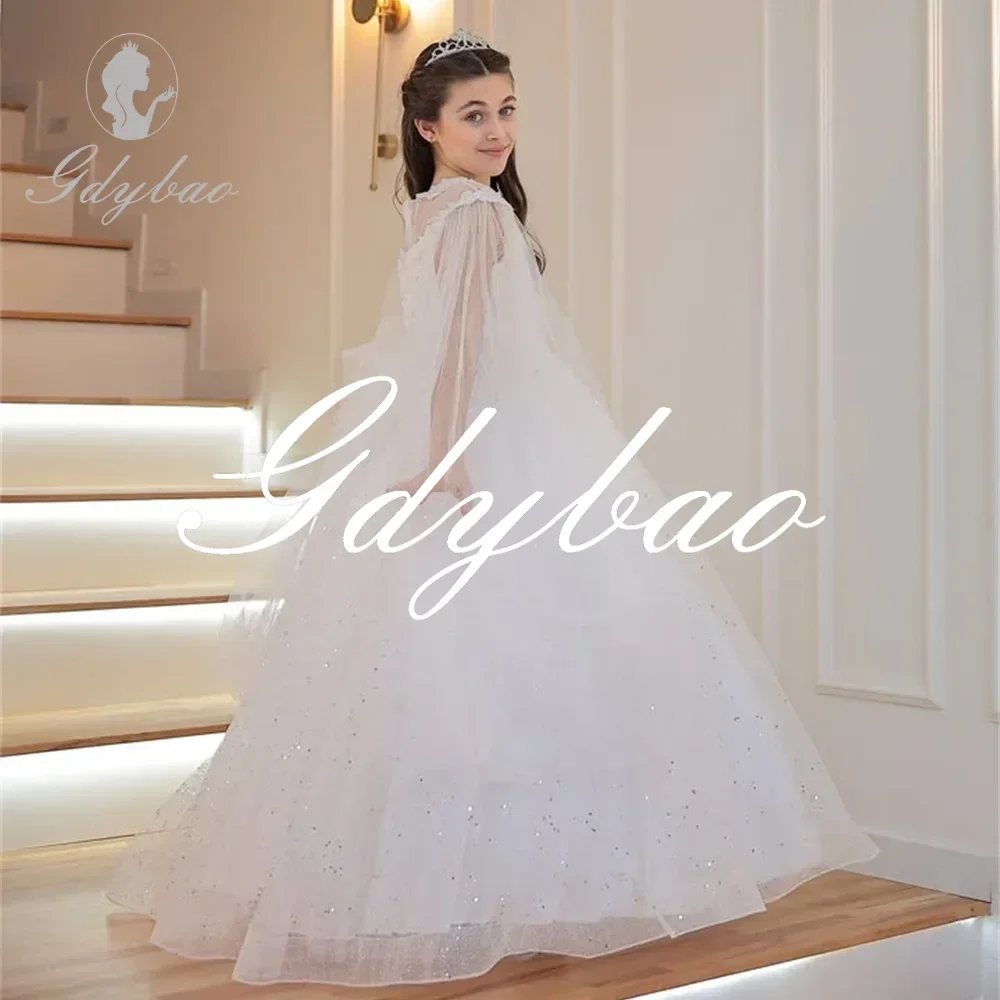 

Блестящее элегантное платье с блестками для первого причастия для девочек с квадратным вырезом без рукавов длиной до пола, свадебное платье с цветочным узором для девочек по индивидуальному заказу