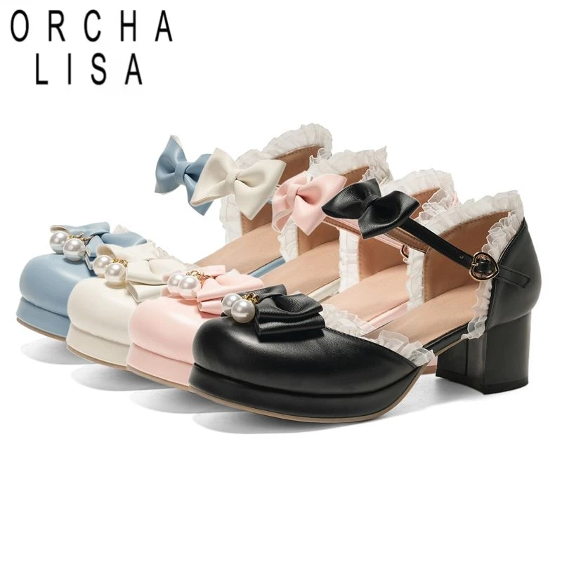 

ORCHA LISA Новые милые женские туфли-лодочки на блочном каблуке для девочек на платформе с пряжкой и ремешком и бантом, большие размеры 48, женские туфли-лодочки в стиле Лолиты, 28, круглый носок, розовый, Bla