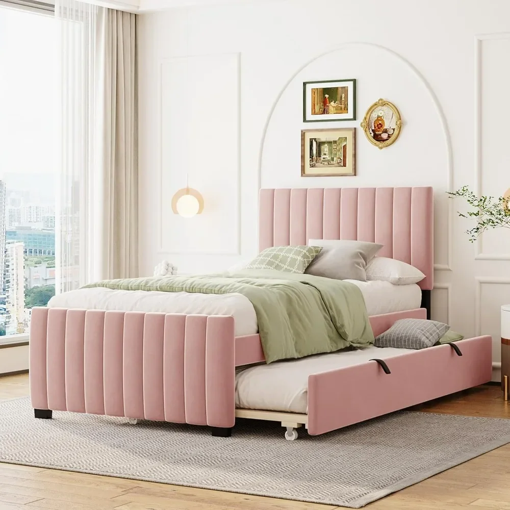 Beds,Velvet Upholstered Platform, Wood Frame Trundle, Twin Size Bed, Pink