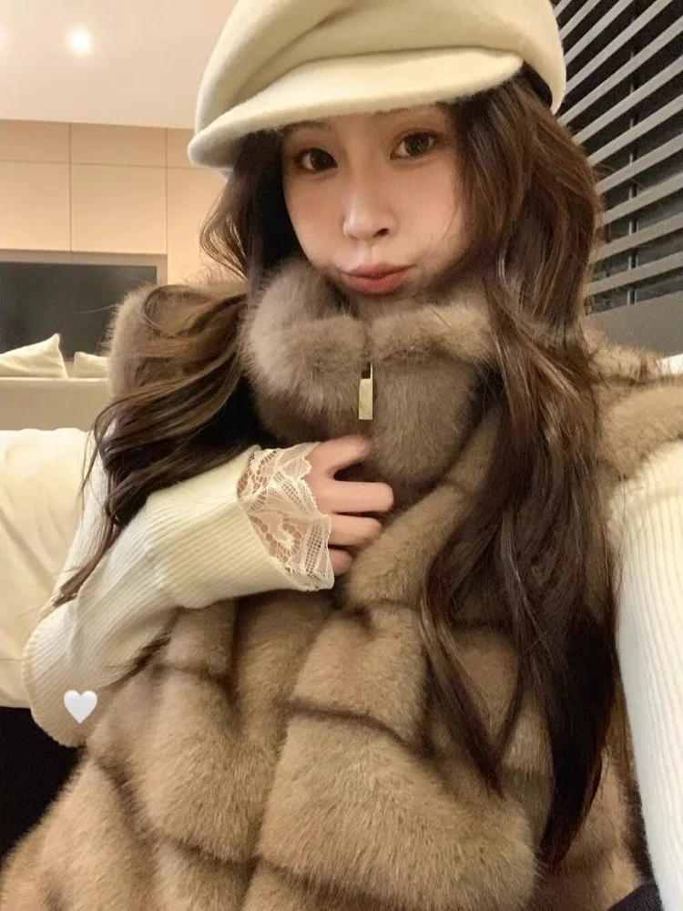 Winter New Style Dongda Gate Korean Leisure Fur Vest Women's Fashion No Sleeve Stand Collar Outerwear Comfortable Zipper Design