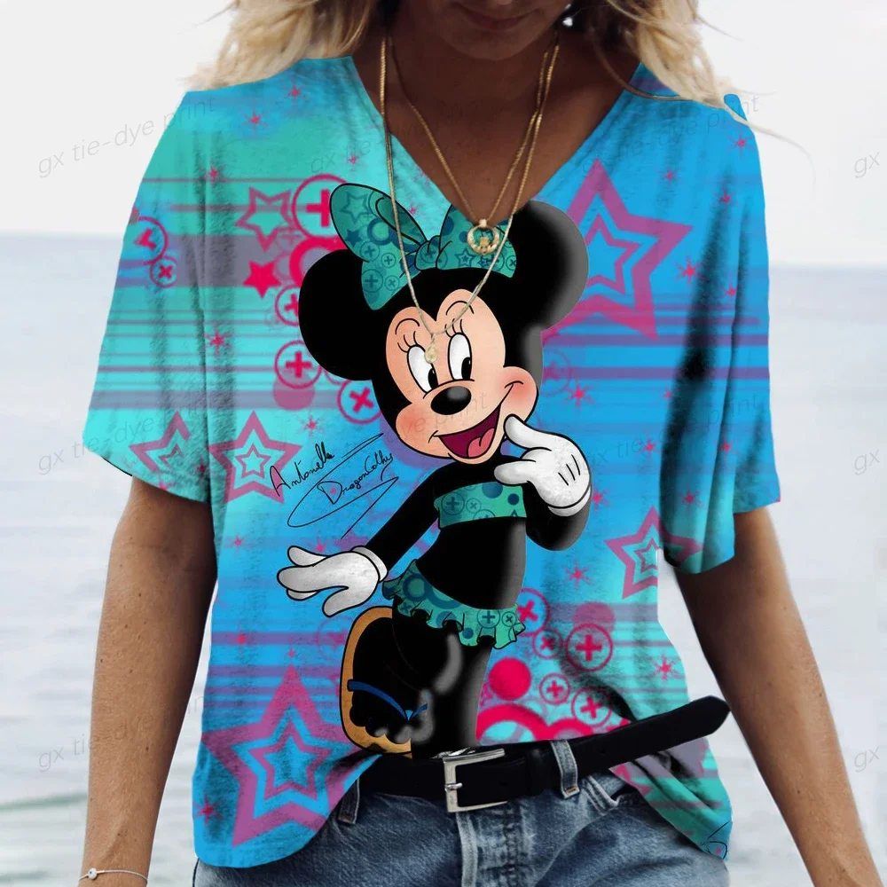 2024 Summer Disney Mickey Mouse Pattern 3d Abstract Painting Damska koszulka z dekoltem w szpic Luźny, swobodny, uliczny, wielokolorowy top dla dziewczynki