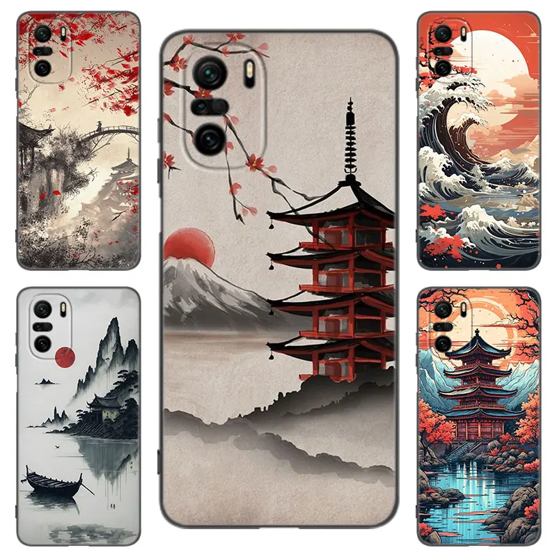 Japanese Style Art Ukiyo-e Black Silicone Phone Case For Xiaomi POCO X3 X4 NFC F4 GT F5 F6 M4 M6 X5 X6 NEO Pro 5G M5