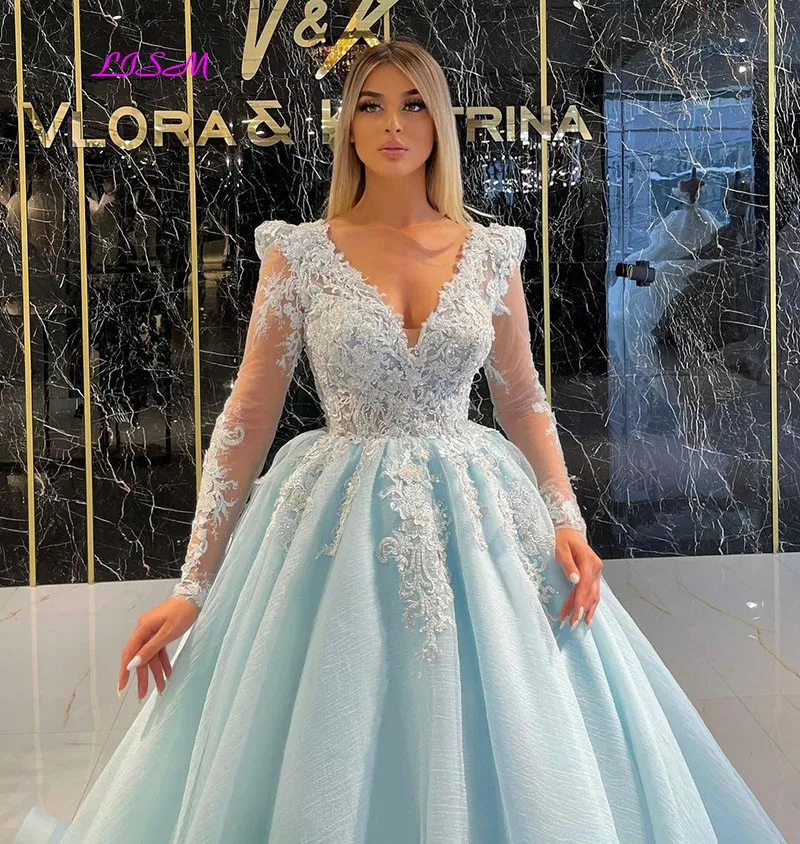 Robe de soirée à manches longues pour femmes, tenue de bal Sexy, col en v, manches longues, arabe, avec des Appliques en dentelle