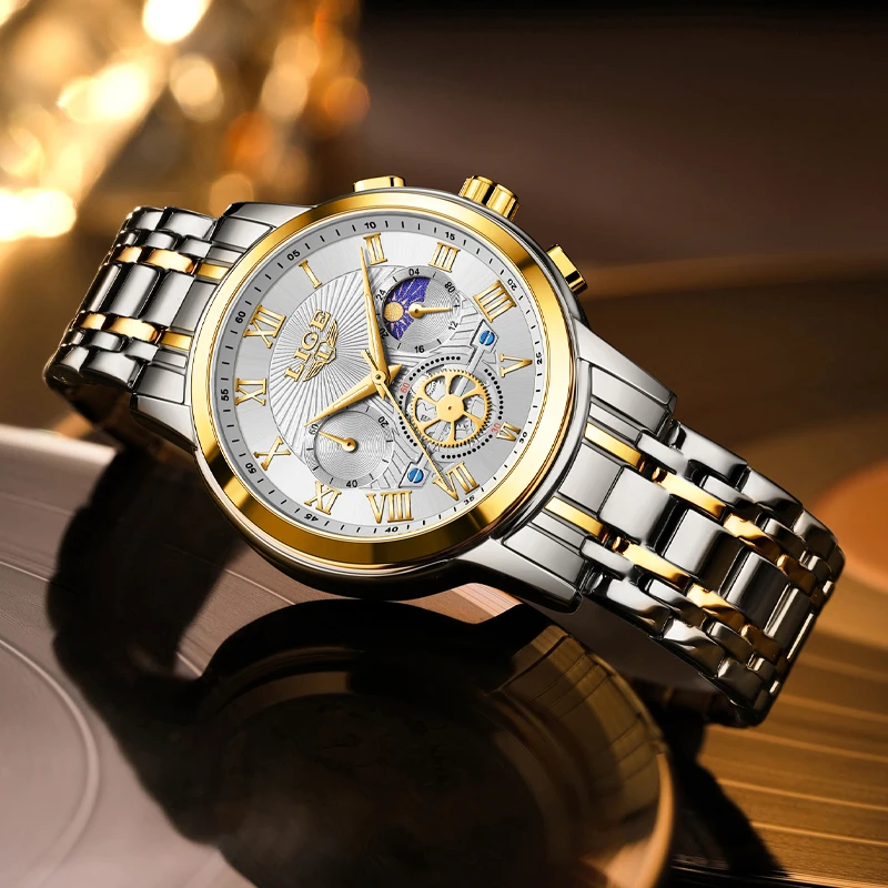 LIGE Mens Watches Top Brand Luxury Waterproof Creative Quartz Watch for Man Gold Skeleton Style 24Hour Moon Phase Luminous Clock