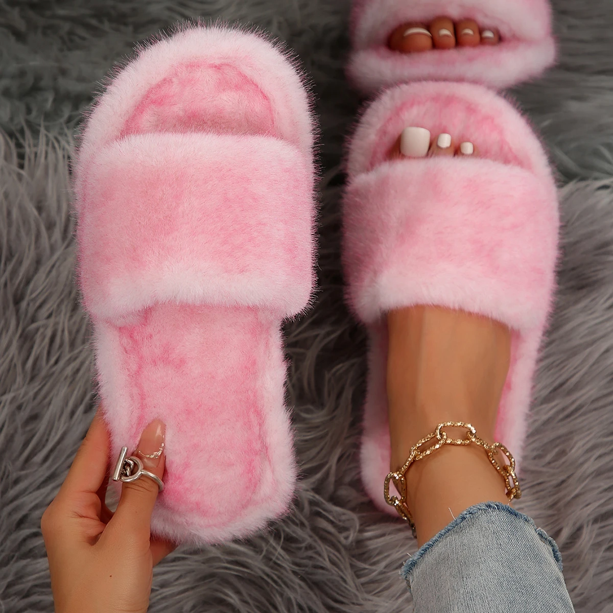 Winter Women House Furry Slippers Non-Slip Casual Indoor Shoes for Women Ladies Warm Solid Colors Flat Slippers Slides Women